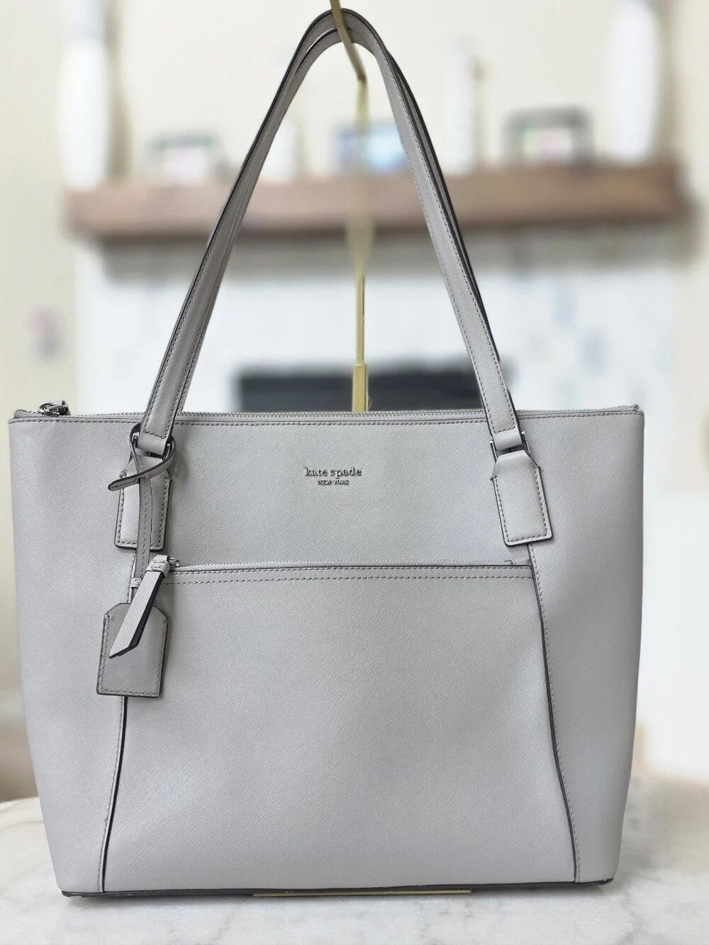 Kate Spade Cameron Pocket Tote Gray Saffiano Leather Handbag Purse.